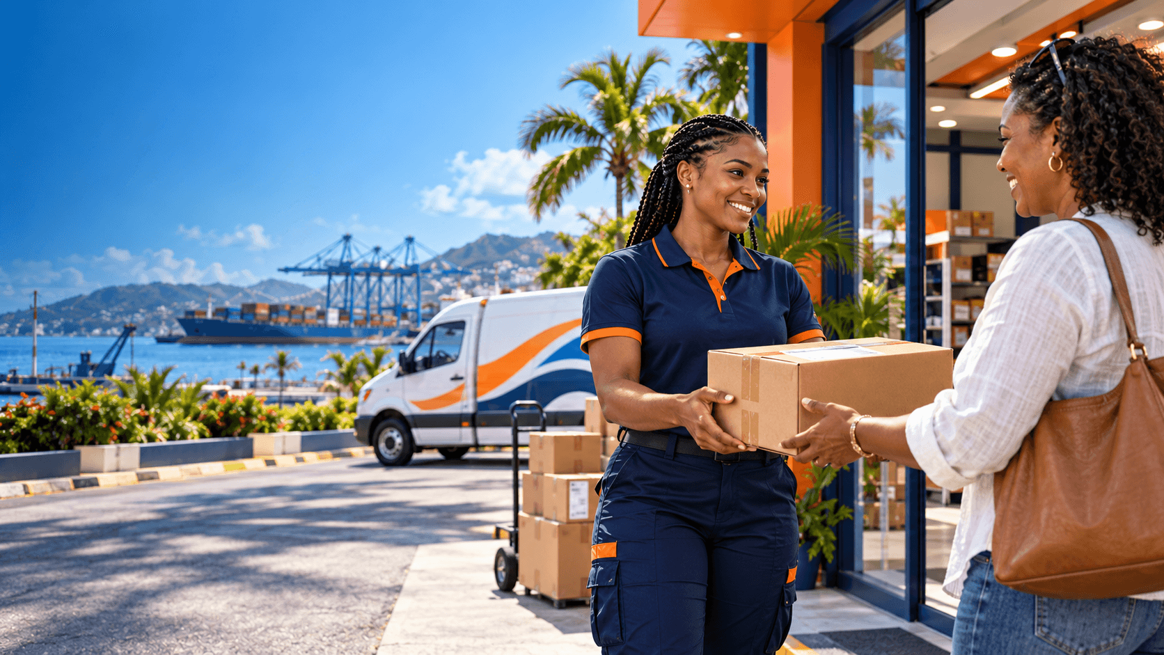 Courier handing a parcel to a customer in Jamaica